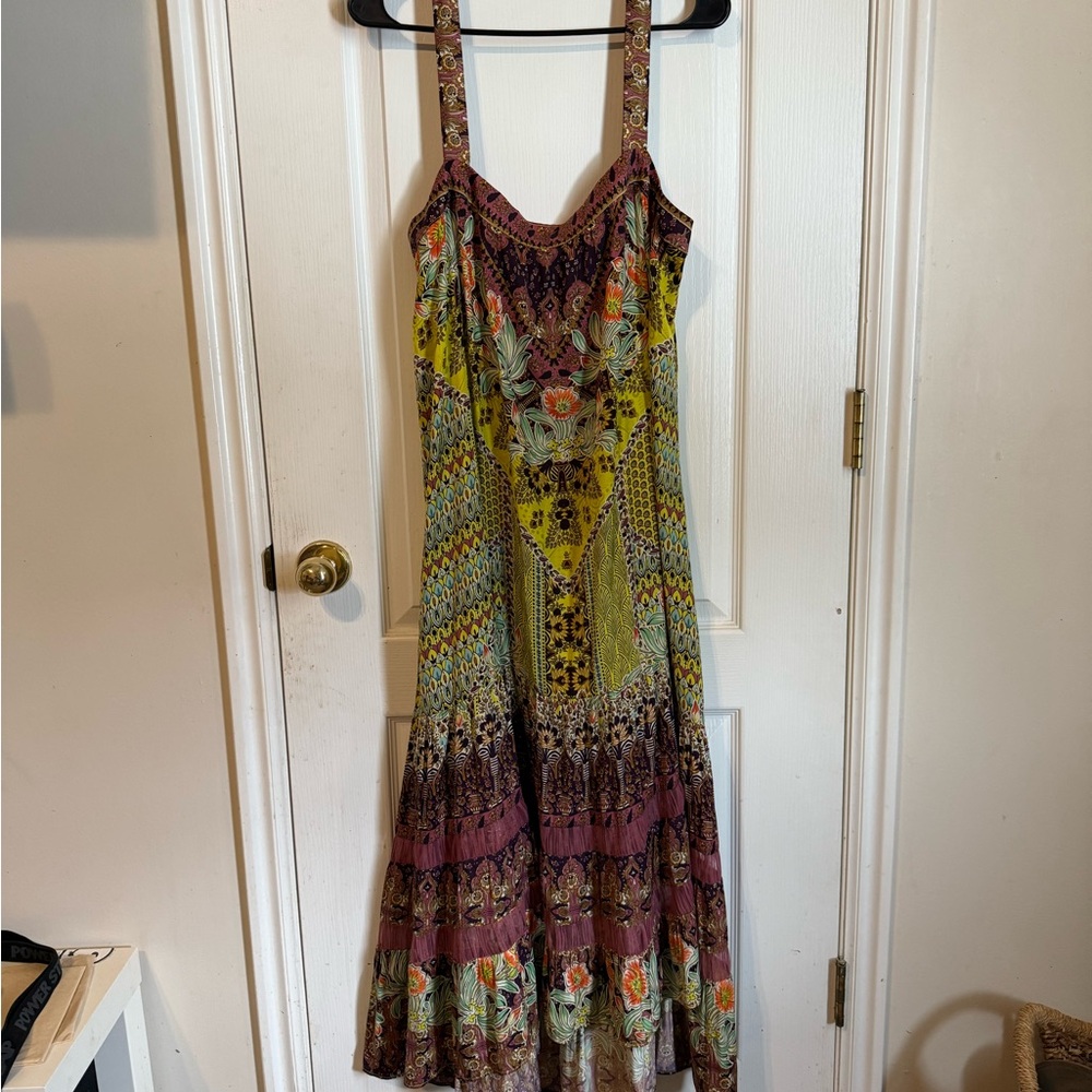 Anthropologie Red and Green Ruched Tiered Sundress
